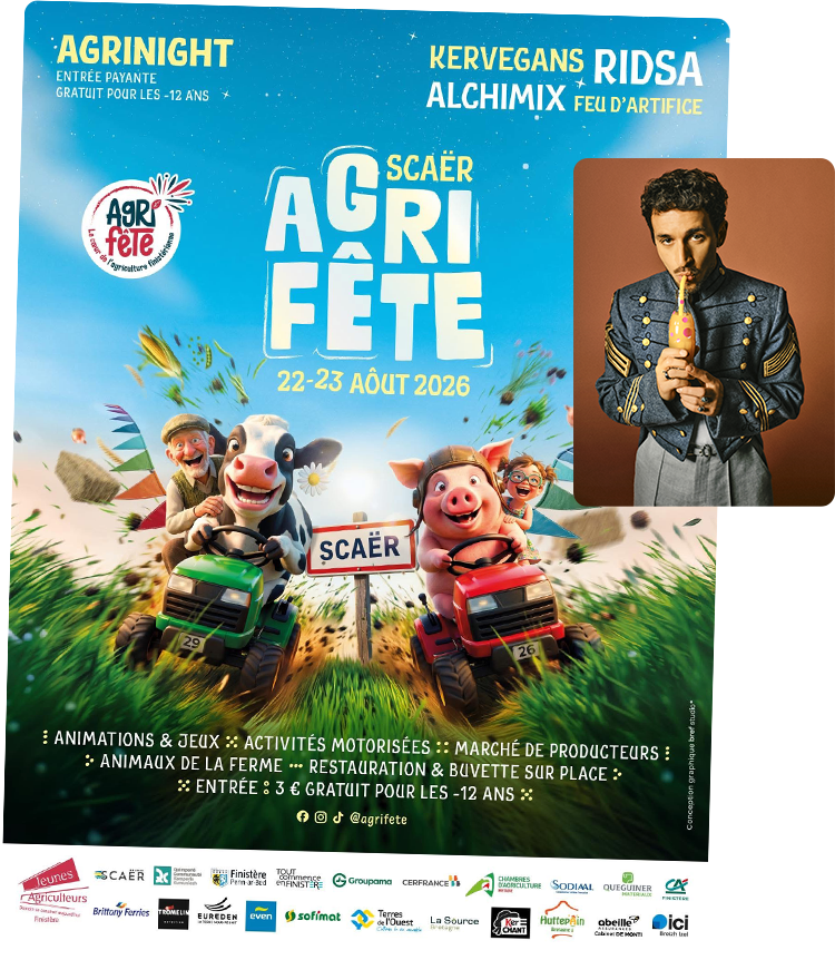 Affiche Agrifête 2026 à Scaër avec les artistes de l'Agrinight - RIDSA, Kervegans, Alchimix